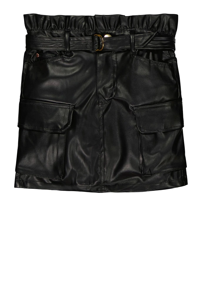 Little Girls Faux Leather Belted Paper Bag Waist Cargo Skirt, Black, Size 6