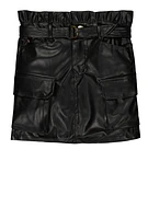 Little Girls Faux Leather Belted Paper Bag Waist Cargo Skirt, Black, Size 6