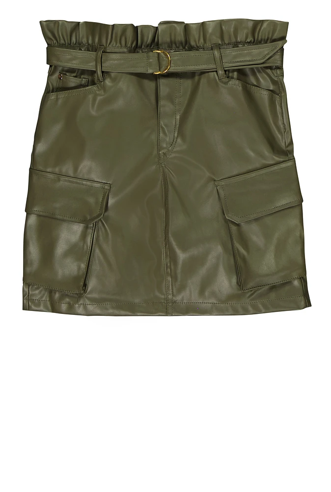 Girls Faux Leather Paper Bag Waist Skirt, Green, Size 10