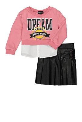 Little Girls Dream New York Graphic Top and Pleated Skirt, Pink, Size 5-6