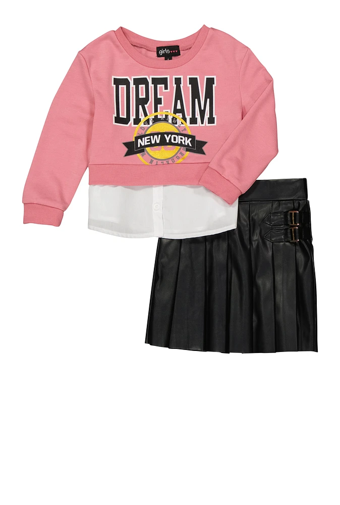 Little Girls Dream New York Graphic Top and Pleated Skirt, Pink, Size 6X