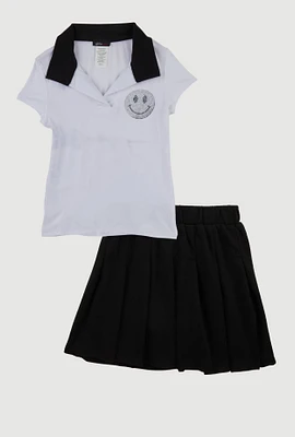 Little Girls Rhinestone Smiley Polo Shirt and Pleated Skirt, Black, Size 4