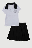 Little Girls Rhinestone Smiley Polo Shirt and Pleated Skirt, Black, Size 4