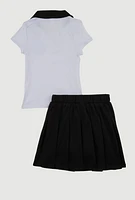 Little Girls Rhinestone Smiley Polo Shirt and Pleated Skirt, Black, Size 4
