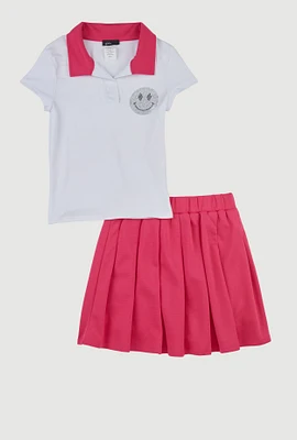 Little Girls Rhinestone Smiley Polo Shirt and Pleated Skirt, Pink, Size 5-6