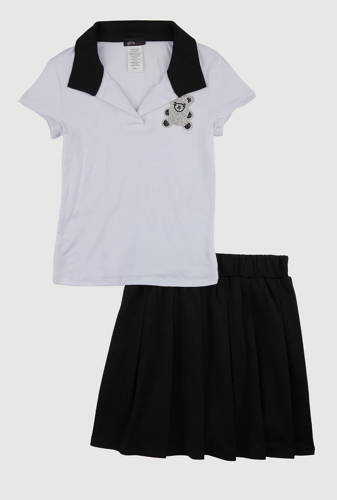 Little Girls Rhinestone Bear Polo Shirt and Pleated Skirt, Black, Size 4