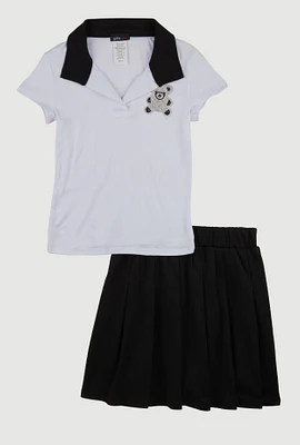 Little Girls Rhinestone Bear Polo Shirt and Pleated Skirt, Black, Size 4