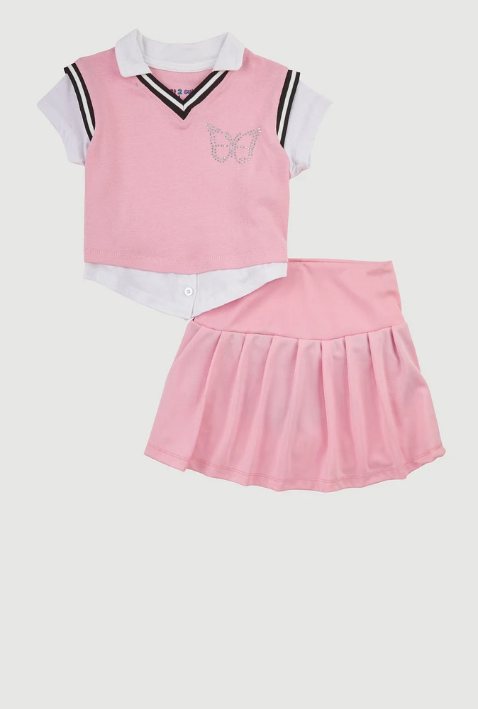 Little Girls Rhinestone Butterfly Sweater Vest Shirt Set, Multi, Size 4