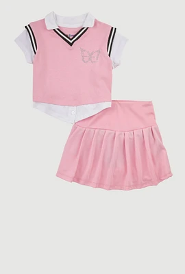 Little Girls Rhinestone Butterfly Sweater Vest Shirt Set, Multi, Size 4