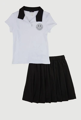 Girls Chic Polo Shirt and Pleated Midi Skirt Set, Multi, Size 14-16