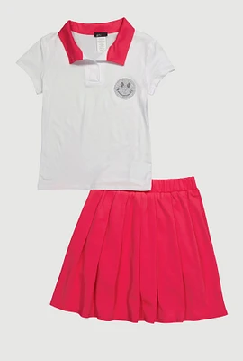 Girls Chic Polo Shirt and Pleated Midi Skirt Set, Multi, Size 10-12