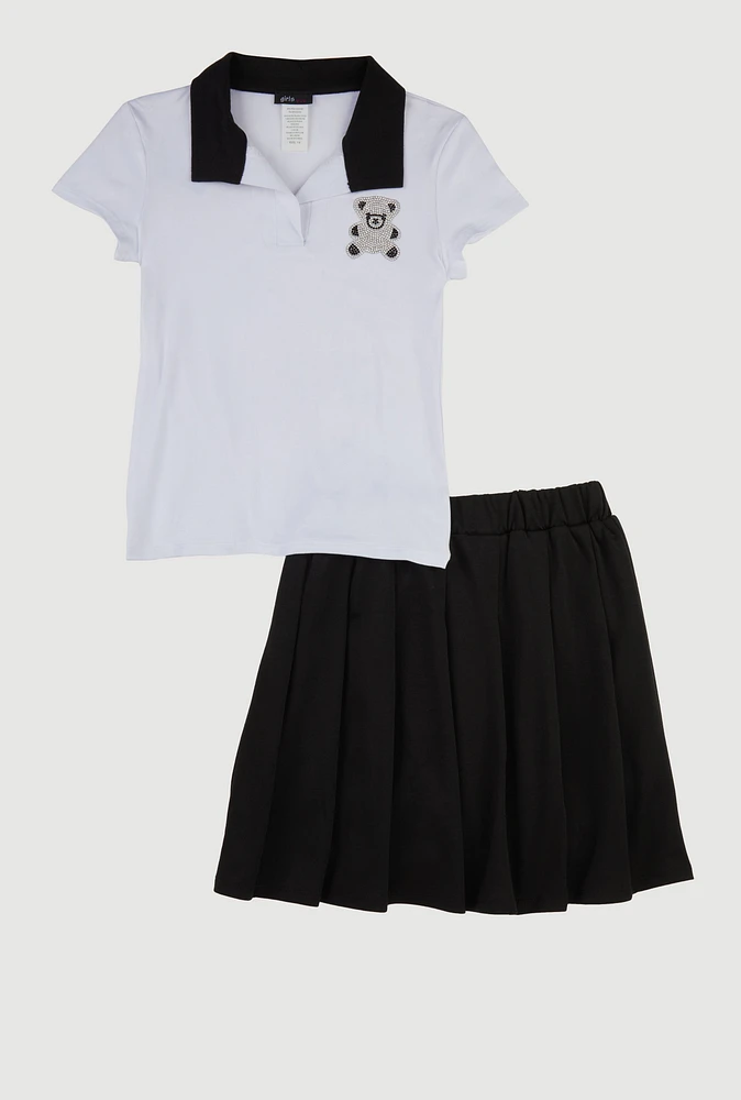 Girls Rhinestone Bear Polo Shirt and Pleated Skirt, Black, Size 14-16