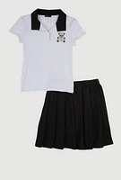 Girls Rhinestone Bear Polo Shirt and Pleated Skirt, Black, Size 14-16
