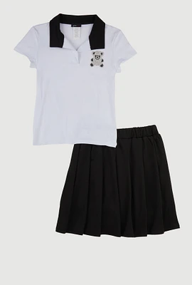 Girls Rhinestone Bear Polo Shirt and Pleated Skirt, Black, Size 14-16