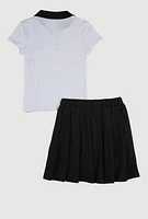 Girls Rhinestone Bear Polo Shirt and Pleated Skirt, Black, Size 14-16