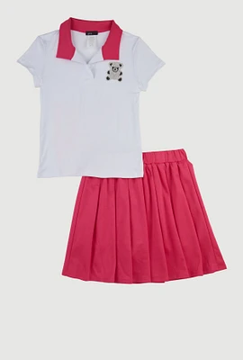 Girls Rhinestone Bear Polo Shirt and Pleated Skirt, Pink, Size 7-8