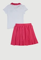 Girls Rhinestone Bear Polo Shirt and Pleated Skirt, Pink, Size 7-8