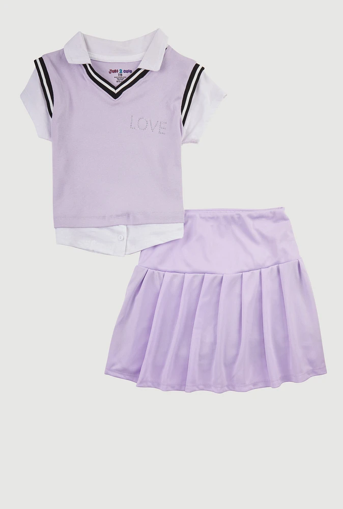 Girls Stylish Rhinestone Varsity Stripe Polo and Pleated Skirt, Purple, Size 10-12