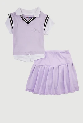 Girls Stylish Rhinestone Varsity Stripe Polo and Pleated Skirt, Purple, Size 10-12