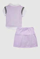 Girls Stylish Rhinestone Varsity Stripe Polo and Pleated Skirt, Purple, Size 10-12