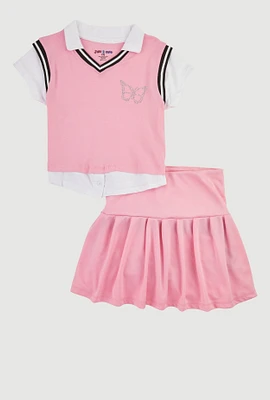 Girls Chic Sweater Vest and Pleated Midi Skirt Set with Rhinestones, Pink, Size 14-16
