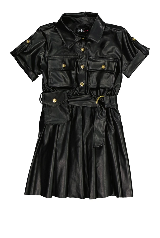 Little Girls Faux Leather Pleated Button Front Shirt Dress, Black, Size 6X