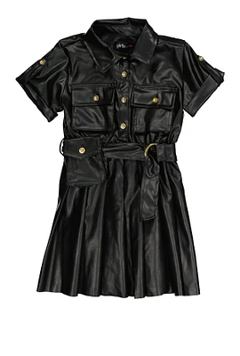 Little Girls Faux Leather Pleated Button Front Shirt Dress, Black, Size 6X