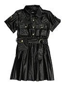 Little Girls Faux Leather Pleated Button Front Shirt Dress, Black, Size 6X