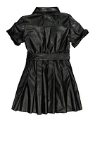 Little Girls Faux Leather Pleated Button Front Shirt Dress, Black, Size 6X