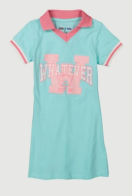 Little Girls Whatever I Do Graphic Polo Dress, Blue, Size 5-6