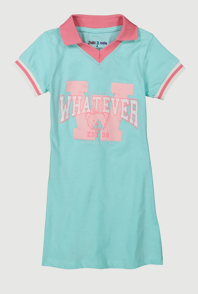 Little Girls Whatever I Do Graphic Polo Dress, Blue, Size 4