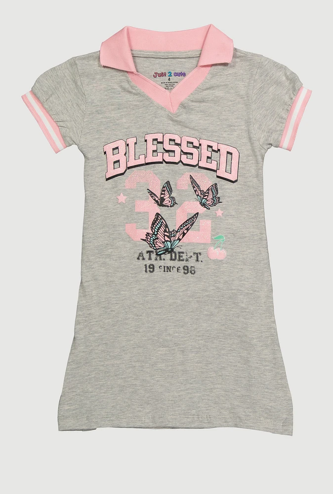Girls Varsity Stripe Glitter Blessed Graphic Polo Dress, Grey, Size 4