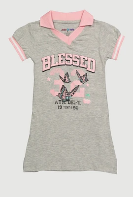 Girls Varsity Stripe Glitter Blessed Graphic Polo Dress, Grey, Size 4