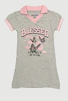 Girls Varsity Stripe Glitter Blessed Graphic Polo Dress, Grey, Size 4
