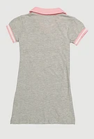Girls Varsity Stripe Glitter Blessed Graphic Polo Dress, Grey, Size 4