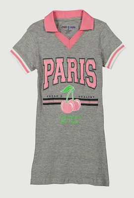 Little Girls Paris Cherry Graphic Polo Dress, Grey, Size 5-6