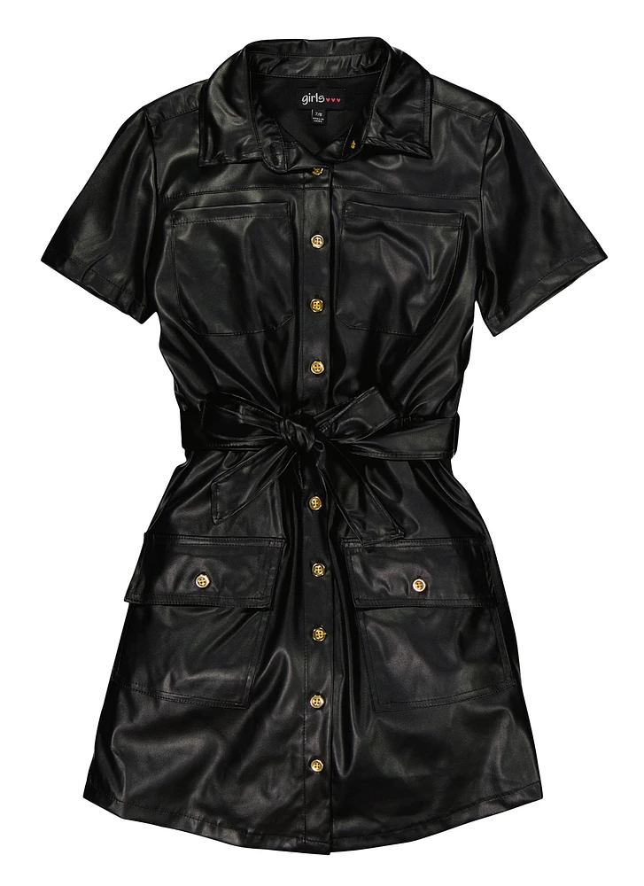 Girls Faux Leather Tie Waist Belt Shirt Dress, Black, Size 7-8