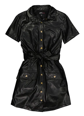 Girls Faux Leather Tie Waist Belt Shirt Dress, Black, Size 7-8