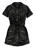 Girls Faux Leather Tie Waist Belt Shirt Dress, Black, Size 7-8