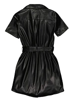 Girls Faux Leather Tie Waist Belt Shirt Dress, Black, Size 7-8
