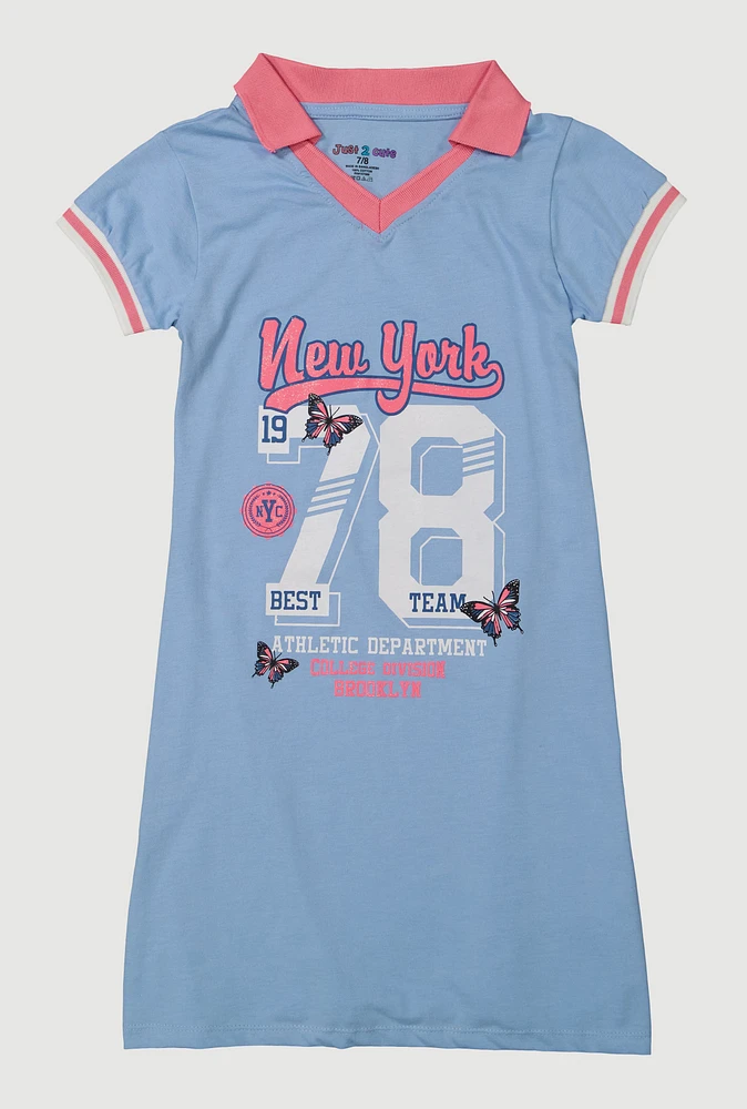 Girls Varsity Stripe New York Butterfly Graphic Dress, Blue, Size 14-16