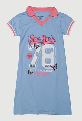 Girls Varsity Stripe New York Butterfly Graphic Dress, Blue, Size 14-16