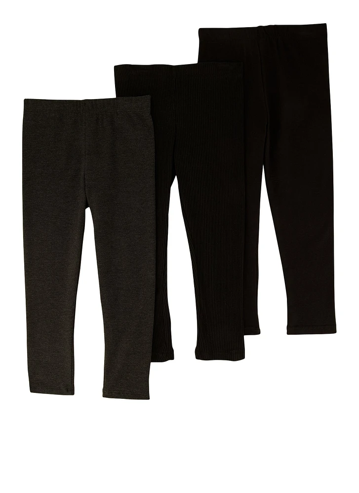 Little Girls Solid Ribbed Leggings 3 Pack, Black, Size 6X
