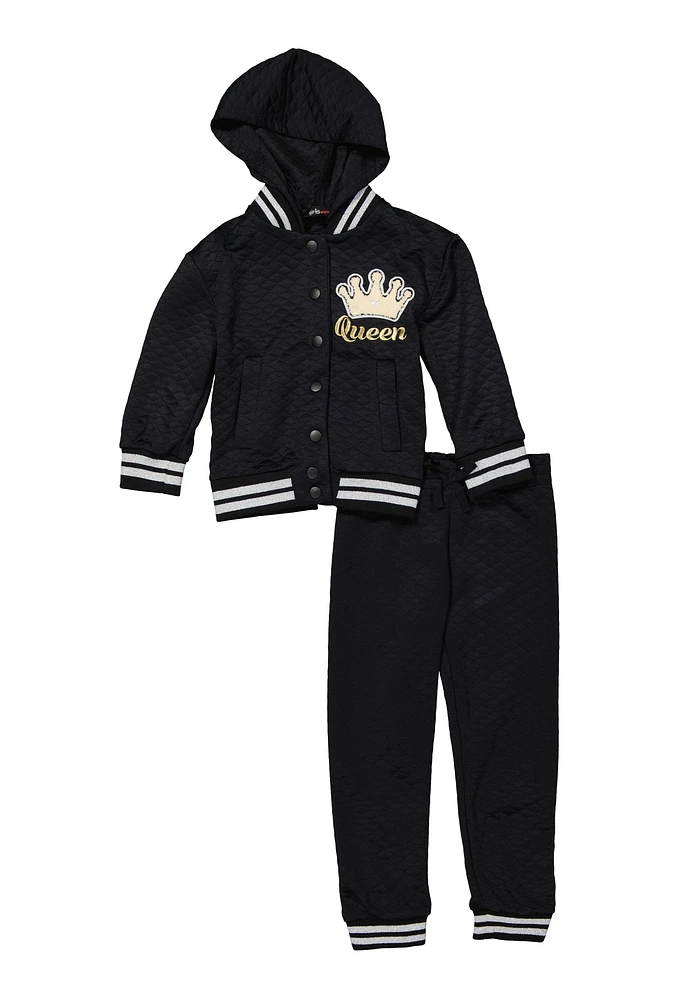Little Girls Crown Chenille Patch Bomber Jacket and Joggers, Black, Size 5-6