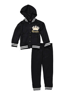 Little Girls Crown Chenille Patch Bomber Jacket and Joggers, Black, Size 5-6
