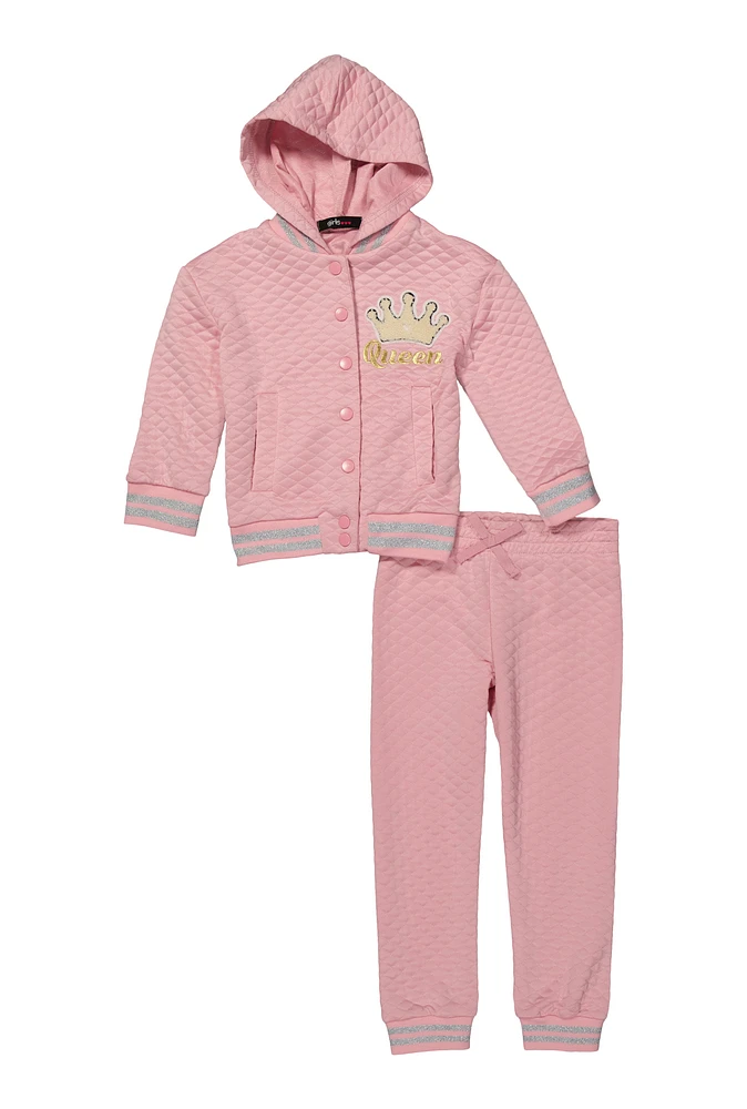 Little Girls Crown Chenille Patch Bomber Jacket and Joggers, Pink, Size 4