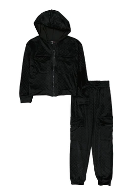 Girls Quilted Velour Cargo Pocket Zip Front Hoodie and Joggers, Black, Size 10-12