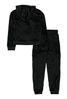 Girls Quilted Velour Cargo Pocket Zip Front Hoodie and Joggers, Black, Size 10-12