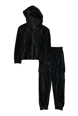 Girls Ribbed Velour Zip Front Hoodie and Joggers, Black,
