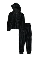 Girls Ribbed Velour Zip Front Hoodie and Joggers, Black,